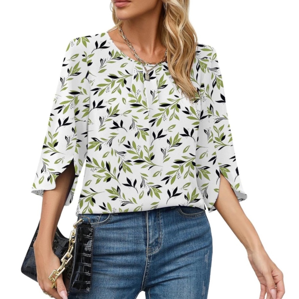 Green Black  3/4 Sleeve Scoop Neck Chiffon Blouse Size L